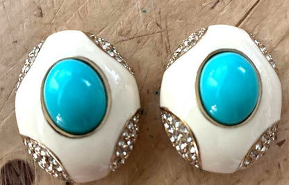 CINER Vintage Clip-On Earrings Turquoise Cabochon Cream Enamel Crystal Gold Tone