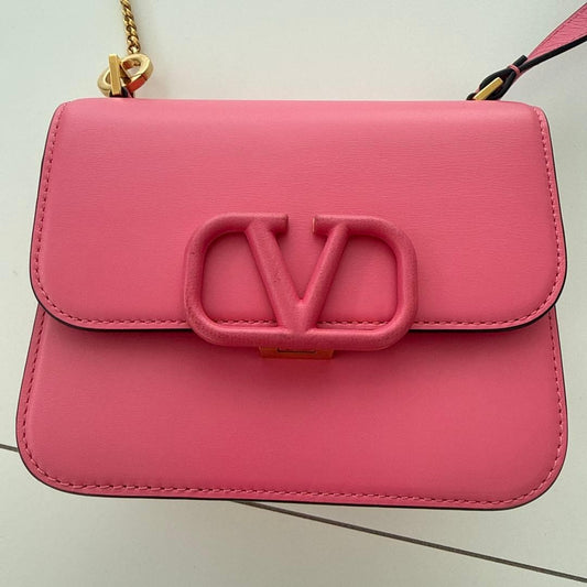 Valentino Auth Pink Leather Shoulder Bag Logo Hardware Dust Bag Used