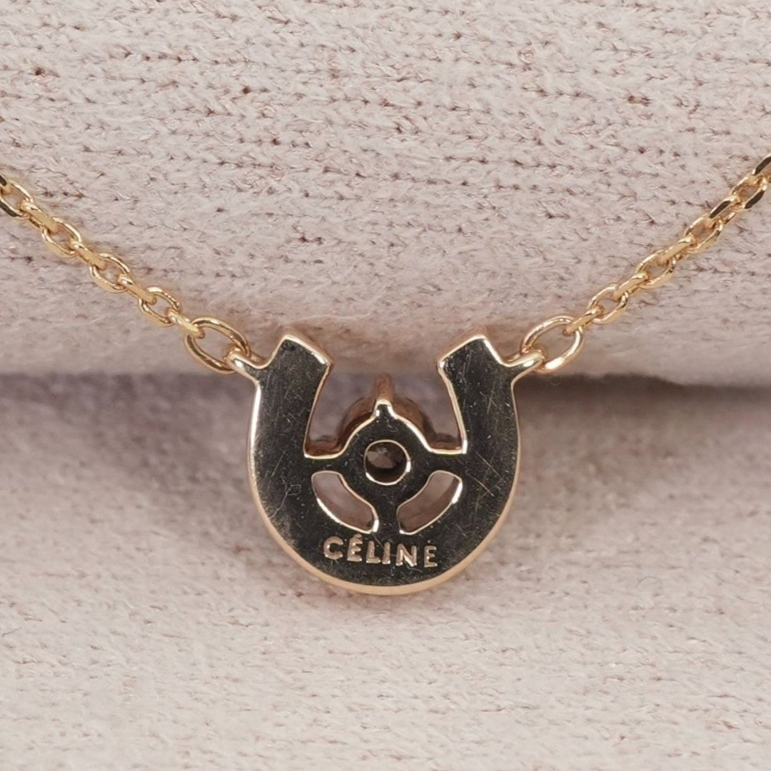 Excellent Celine K10 Gold Diamond Horseshoe Necklace Horse Shoe Pendant L 16.5in