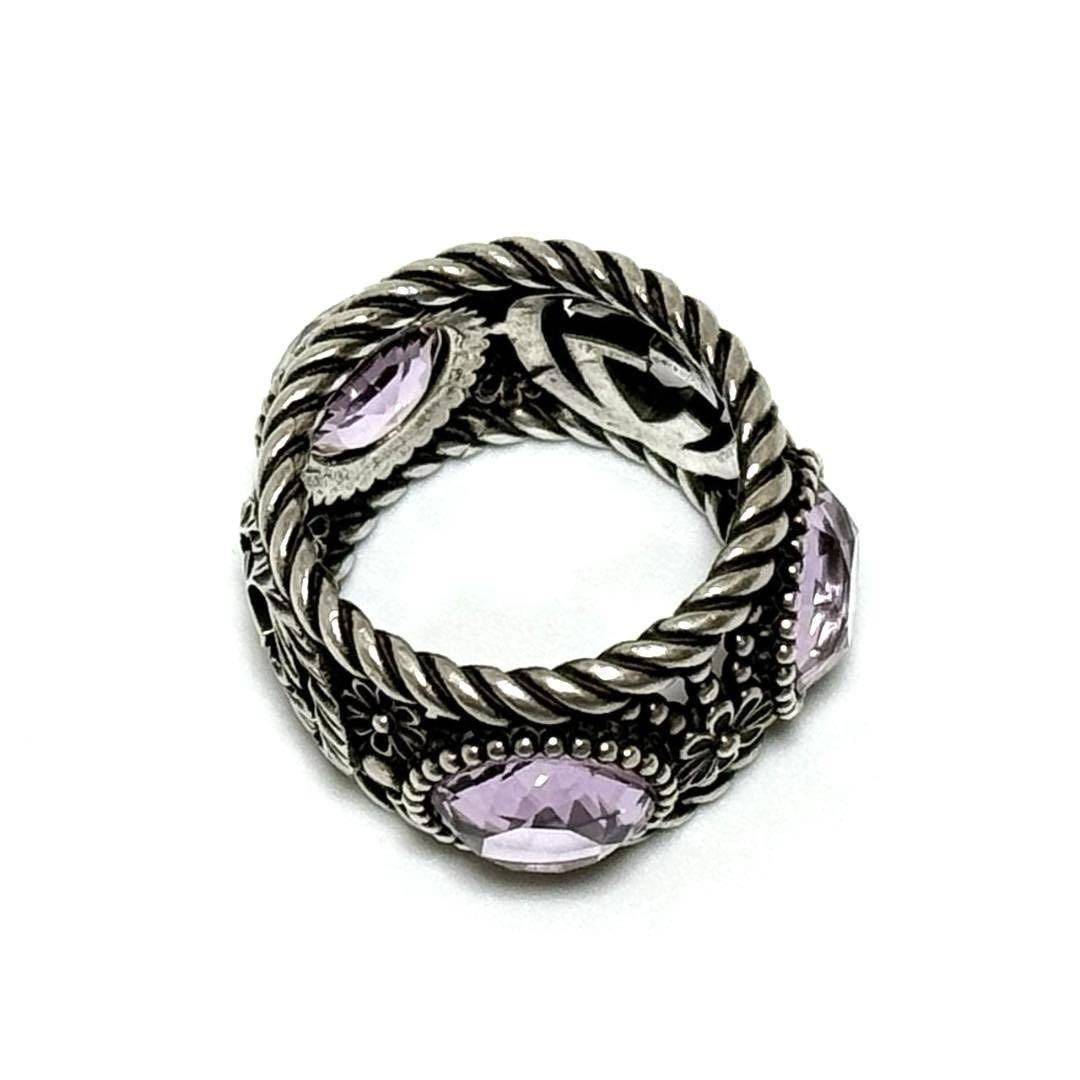 GUCCI Silver 925 Interlocking G Flower Light Purple Crystal Stone Ring US 6.25