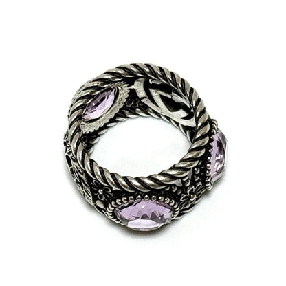 GUCCI Silver 925 Interlocking G Flower Light Purple Crystal Stone Ring US 6.25