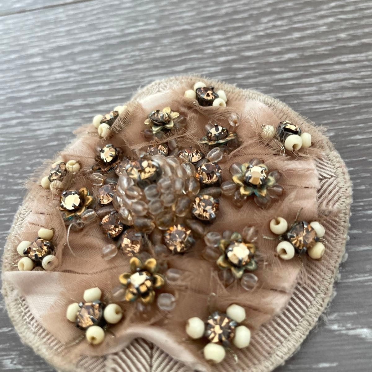 PRADA Beaded Embroidery Brooch Pin Beige Floral Crystal Fabric Italy Vintage