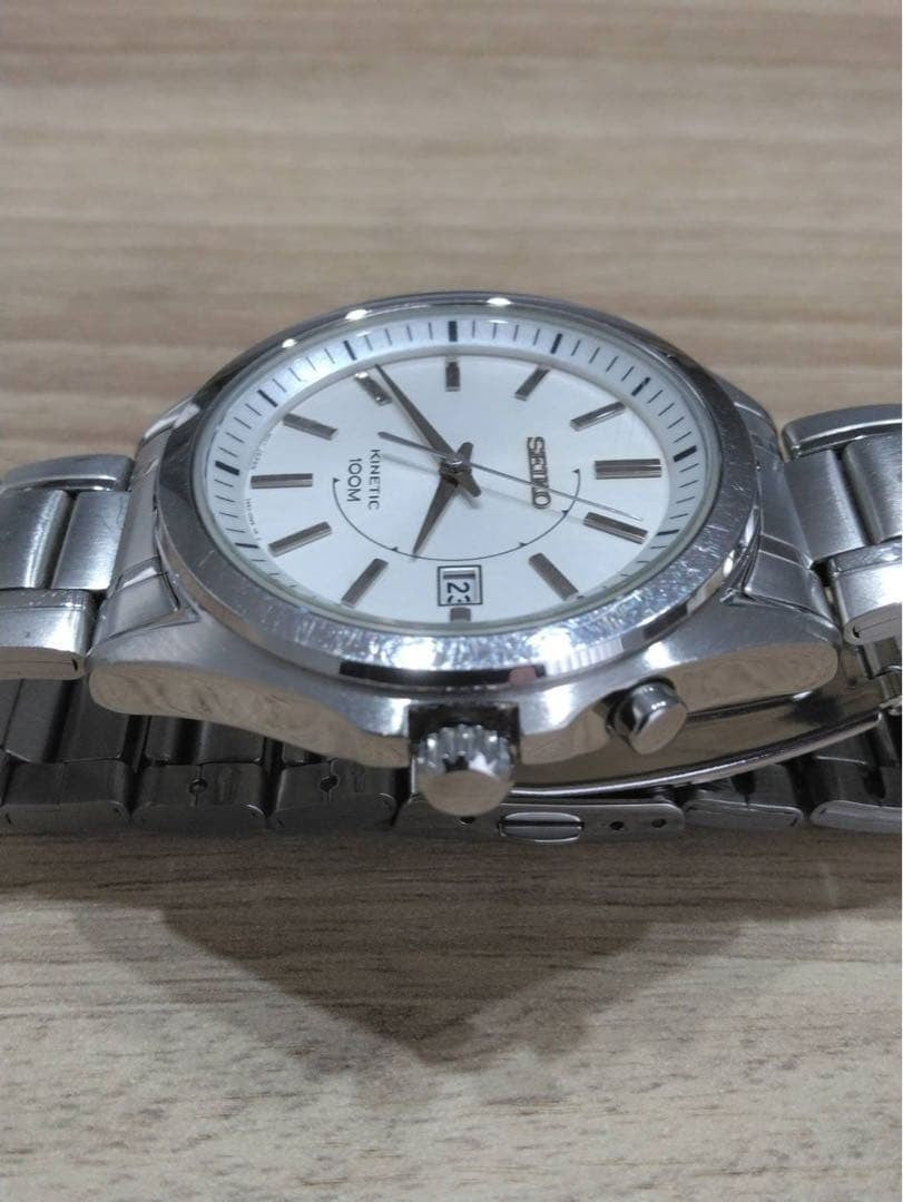 SEIKO Kinetic 5M62 0CW0 Auto Quarts Analog Date Watch Men Silver 10BAR