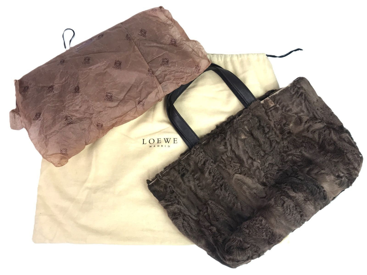 Authentic LOEWE Shearling Fur Brown Leather Tote Bag Shoulder Bag Excellent
