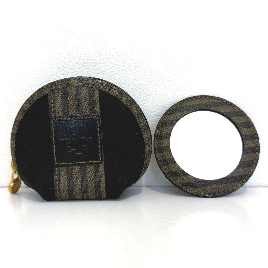 FENDI Vintage Pecan Round Coin Case Purse Mirror Coated Canvas Leather Italy