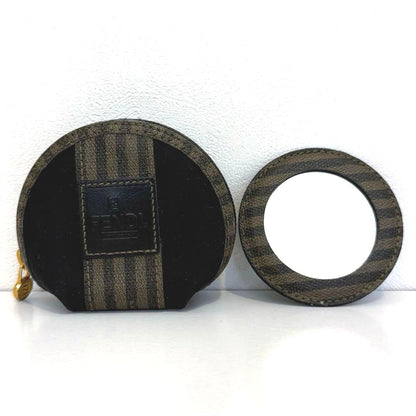 FENDI Vintage Pecan Round Coin Case Purse Mirror Coated Canvas Leather Italy