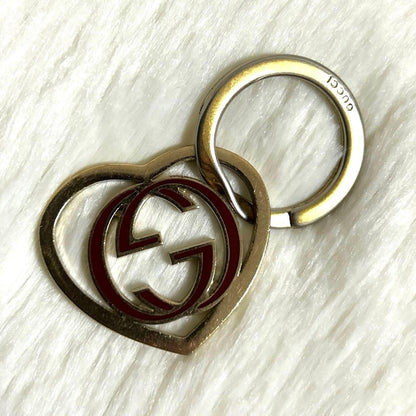 Gucci Auth Interlocking GG Heart Key Ring Bag Charm Gold Red Logo Vtg Used