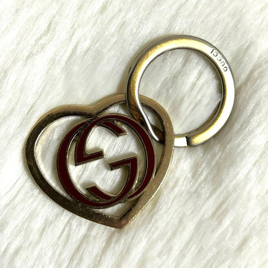 Gucci Auth Interlocking GG Heart Key Ring Bag Charm Gold Red Logo Vtg Used