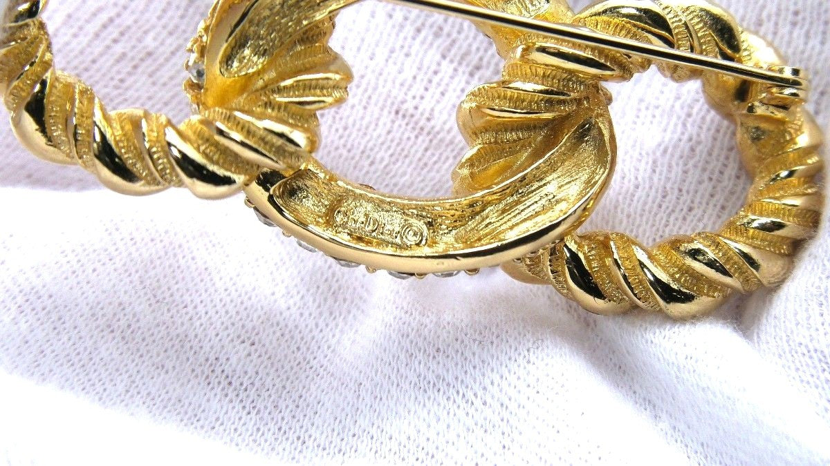 Christian Dior Twist Rope Rhinestone Brooch Pin Gold Tone Vintage Signed 3.4cm