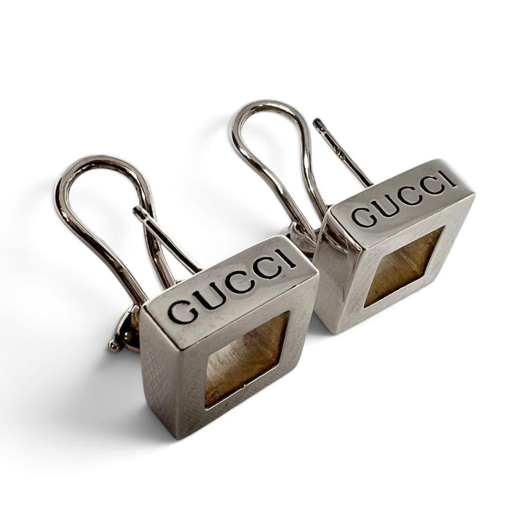 Gucci Silver 925 Open Square Earrings Hook Clip On With Box