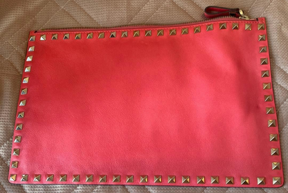 Valentino Garavani Auth Hot Pink Leather Studded Clutch Bag 30x19.5 cm