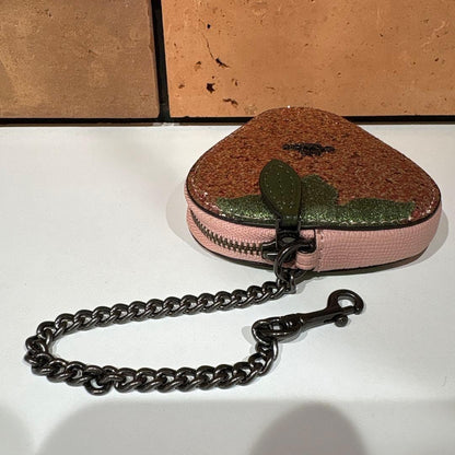 COACH Strawberry Coin Purse Case Pink Glitter Leather Bag Charm Chain Keyring