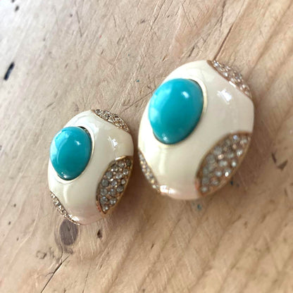 CINER Vintage Clip-On Earrings Turquoise Cabochon Cream Enamel Crystal Gold Tone