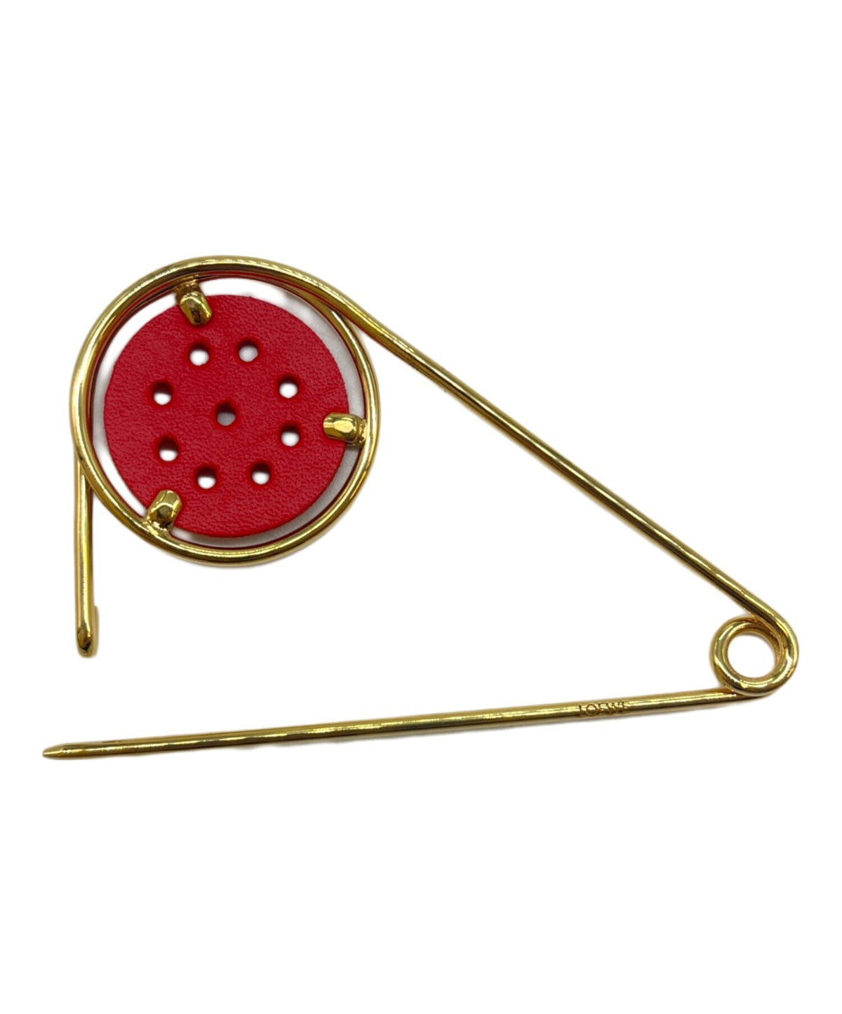 LOEWE Mecano Pin Brooch Red Leather Gold Hardware Round Safety Pin Spain Logo