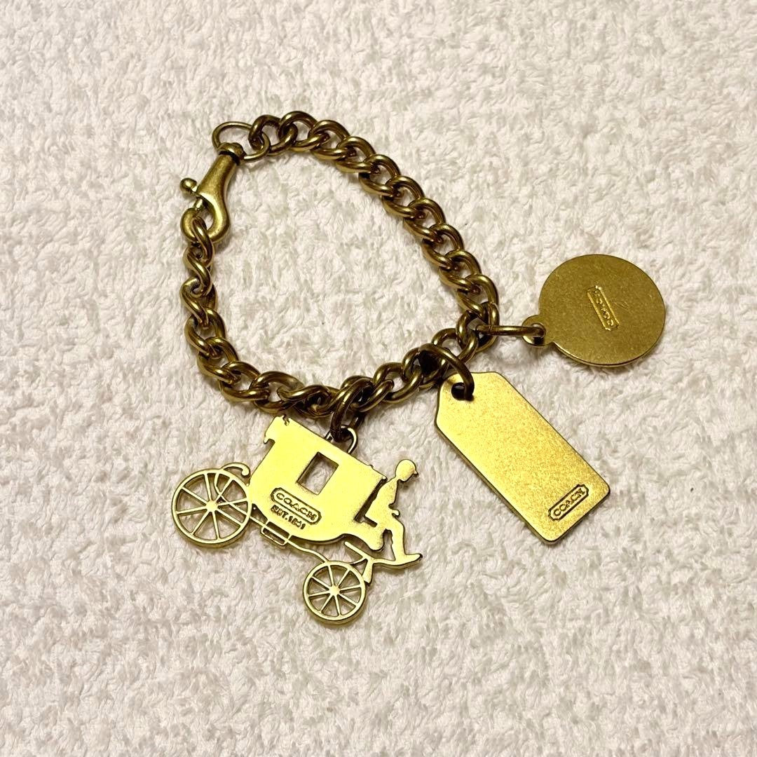 COACH Horse & Carriage Bag Charm Keychain Gold Tone Brass Chain Bracelet Style