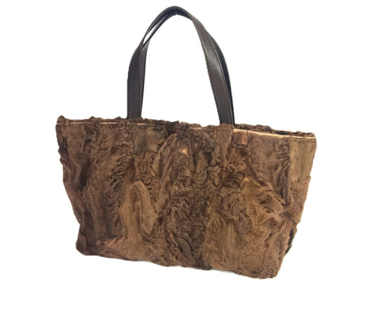 Authentic LOEWE Shearling Fur Brown Leather Tote Bag Shoulder Bag Excellent