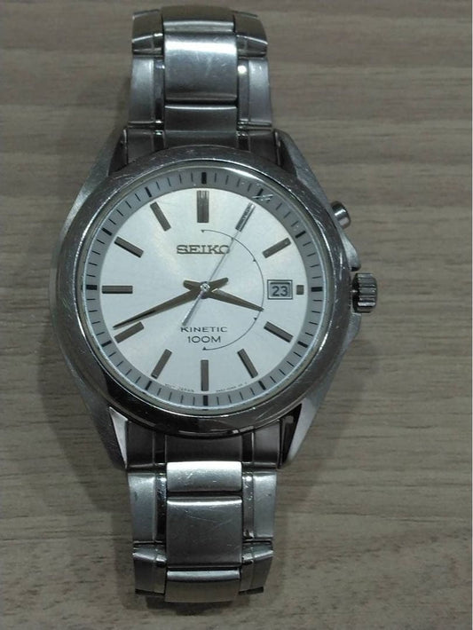 SEIKO Kinetic 5M62 0CW0 Auto Quarts Analog Date Watch Men Silver 10BAR