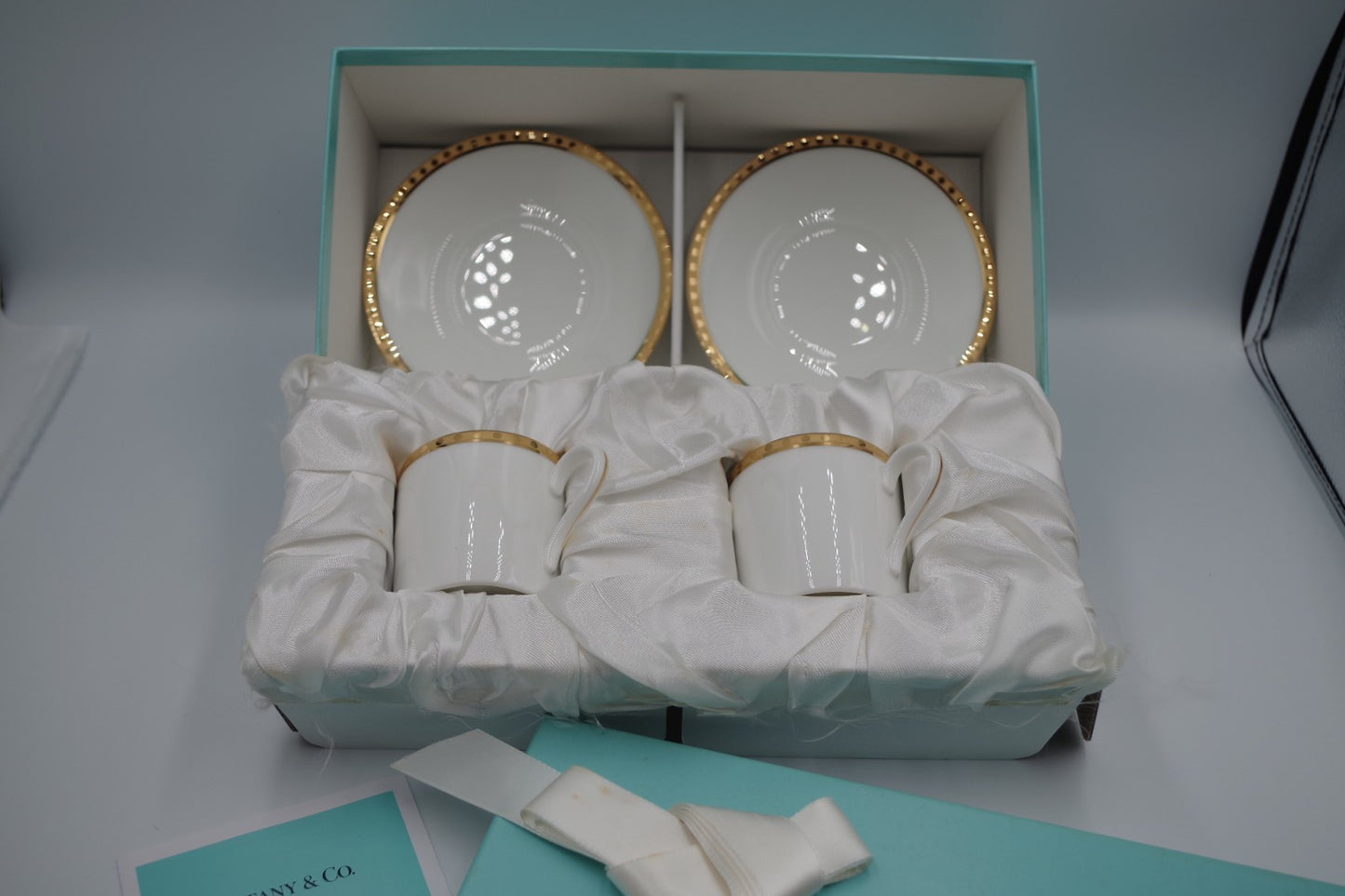 Tiffany & Co Gold Band Demitasse Cups Saucers Pair Made in Japan White Gold Set