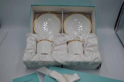 Tiffany & Co Gold Band Demitasse Cups Saucers Pair Made in Japan White Gold Set