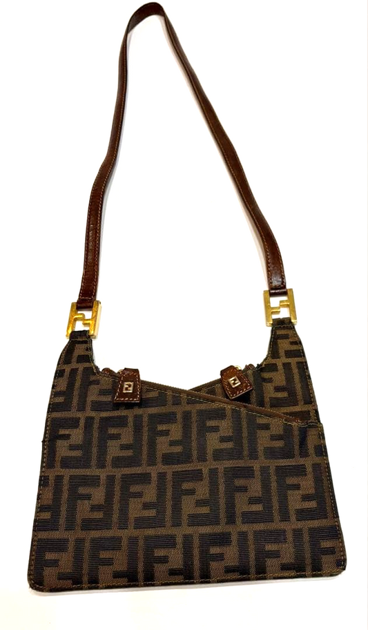 Fendi Auth Zucca Print Shoulder Bag Brown Beige Leather Nylon 15x22.5cm 5.9x8.9"