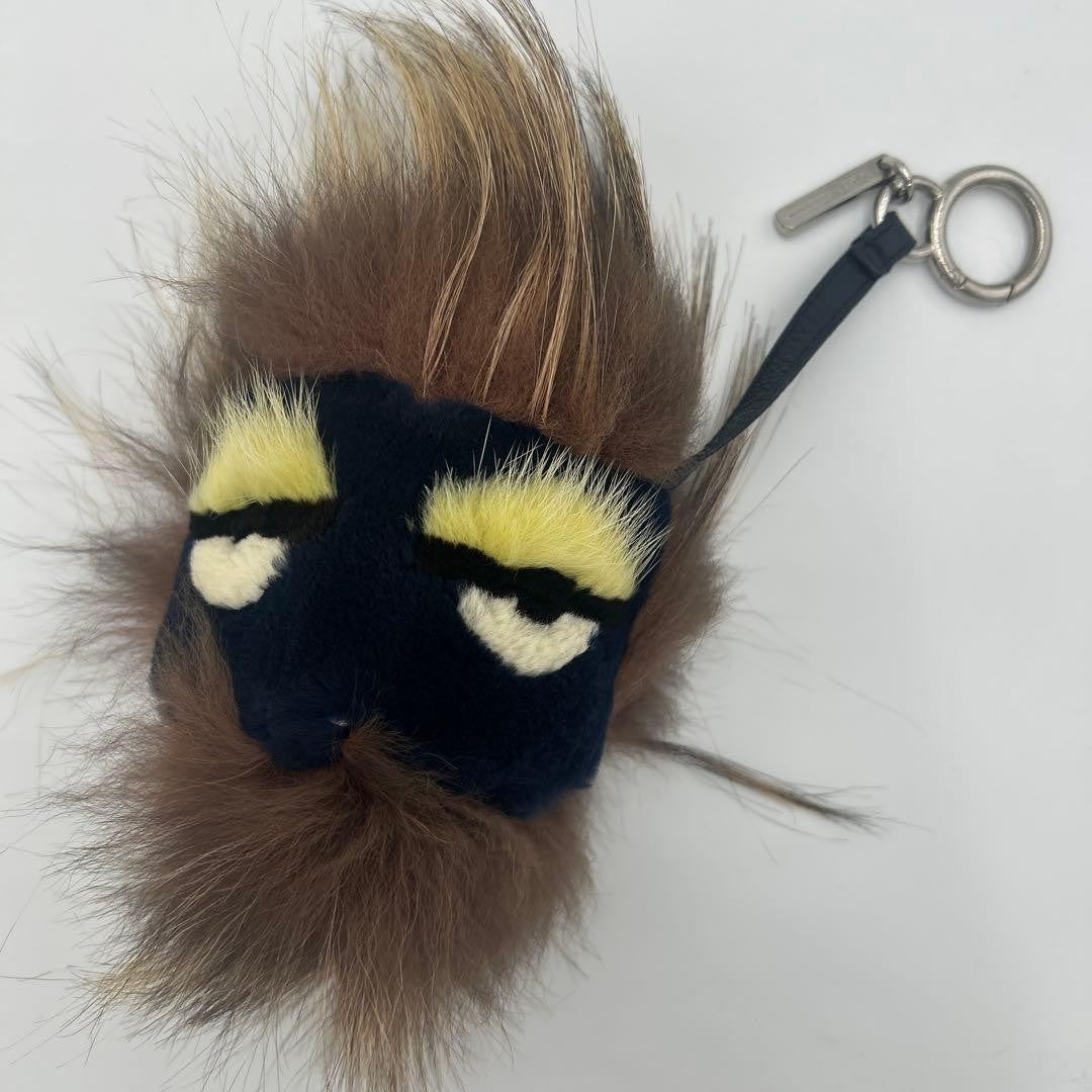 FENDI Bag Bugs Eye Monster Fur Charm Key Chain Black Brown Yellow Authentic