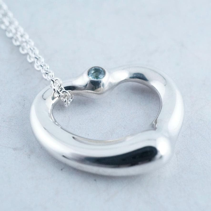 Excellent Tiffany & Co Aquamarine Silver 925 Open Heart Necklace Elsa Peretti