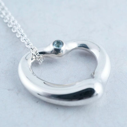 Excellent Tiffany & Co Aquamarine Silver 925 Open Heart Necklace Elsa Peretti