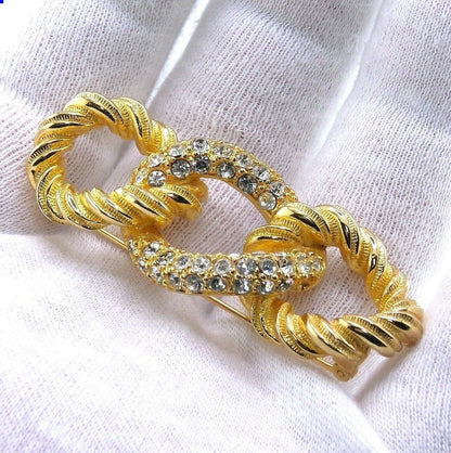 Christian Dior Twist Rope Rhinestone Brooch Pin Gold Tone Vintage Signed 3.4cm