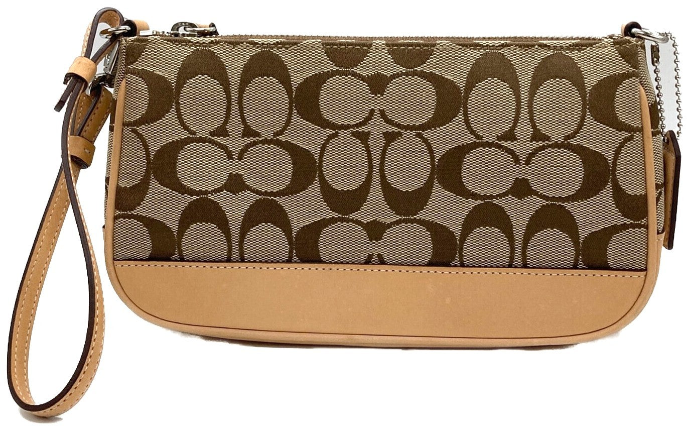 COACH Signature Jacquard Wristlet Pouch 6094 Khaki Beige Leather Trim Auth Used
