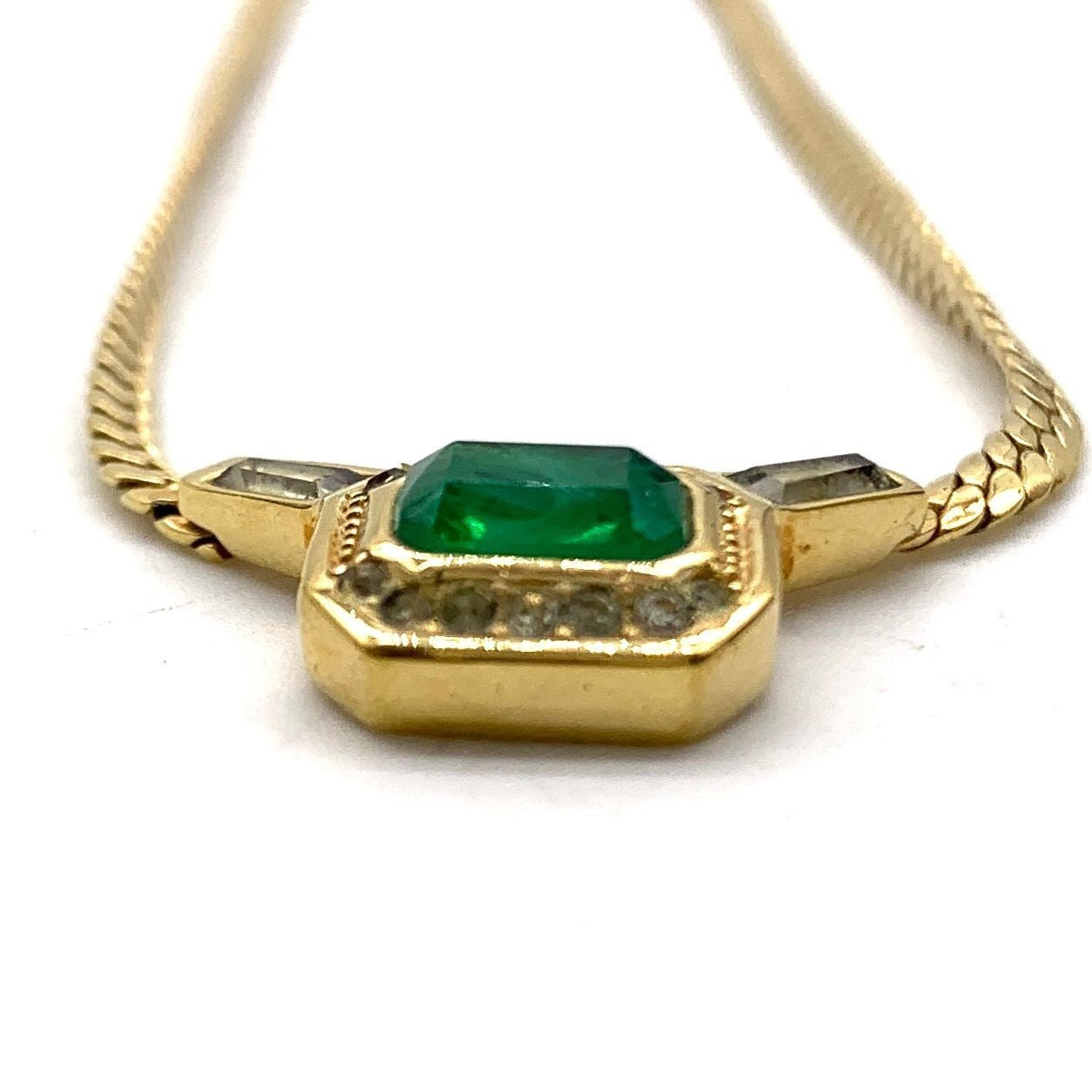 Vintage Christian Dior  Green Stone Rhinestone Gold Tone Chain Necklace 17" Used