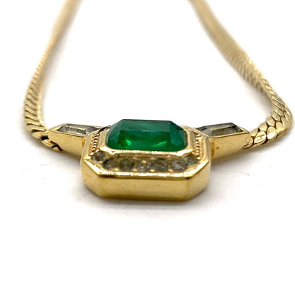 Vintage Christian Dior  Green Stone Rhinestone Gold Tone Chain Necklace 17" Used