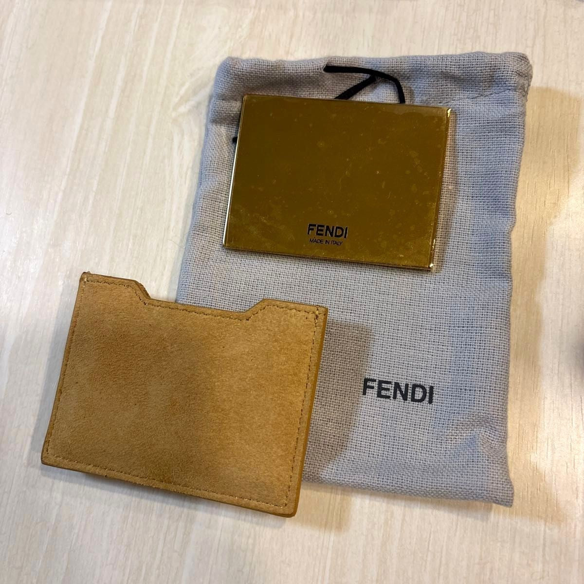 FENDI Baguettemania Compact Mirror Gold Tone Suede Case Pouch Italy Unused