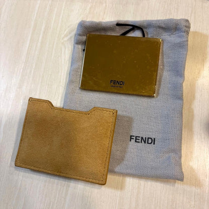 FENDI Baguettemania Compact Mirror Gold Tone Suede Case Pouch Italy Unused