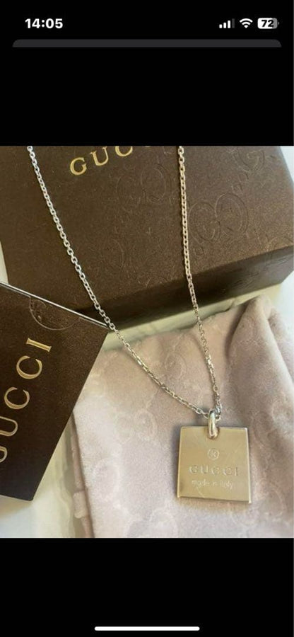 Gucci Authentic Square Plate Pendant Necklace Silver 925 Unisex With Box Used