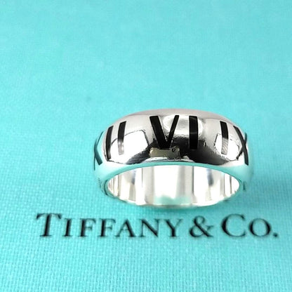 Tiffany & Co Silver 925 Wide Atlas Black Enamel Roman Numerals Ring Size US 7