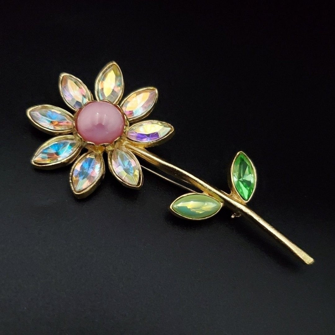 Christian Lacroix Auth Vtg Floral Brooch Aurora Rainbow Crystal Rhinestone Made