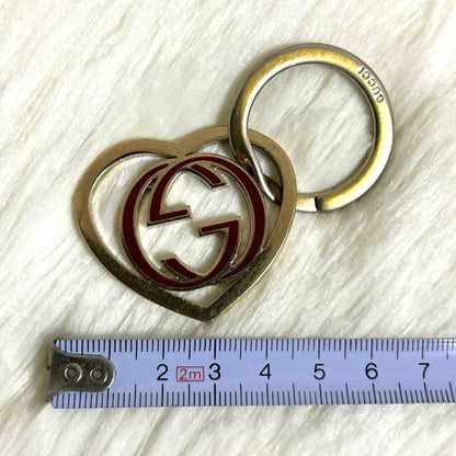 Gucci Auth Interlocking GG Heart Key Ring Bag Charm Gold Red Logo Vtg Used