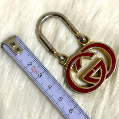Gucci Auth Old Gucci Double G Logo Red Gold Keychain Bag Charm Key Ring Used