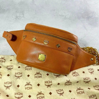Rare MCM Brown Leather Body Bag Waist Bag Crossbody Gold Hardware Authentic