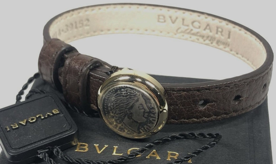 BVLGARI Monete Coin Leather Bracelet Brown Gold HW Ancient Coin Authentic Italy