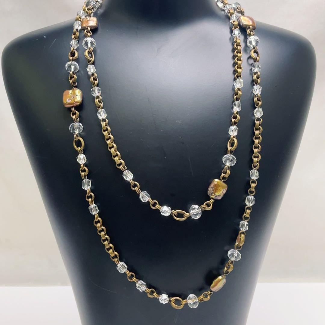 Vintage Stephen Dweck Bronze Pearl Crystal Long Toggle Necklace Used Japan