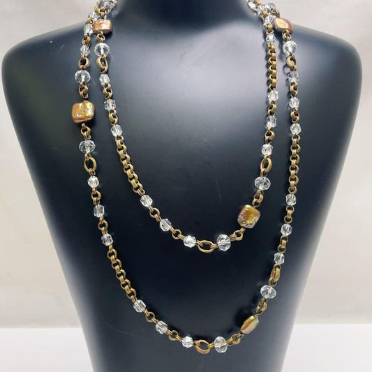 Vintage Stephen Dweck Bronze Pearl Crystal Long Toggle Necklace Used Japan