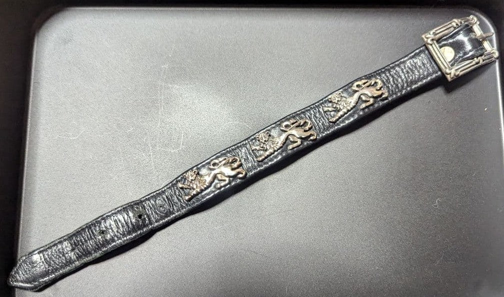 A&G Lion Heart Black Leather Bracelet Silver Tone Lion Motif 10.6in Unisex Used