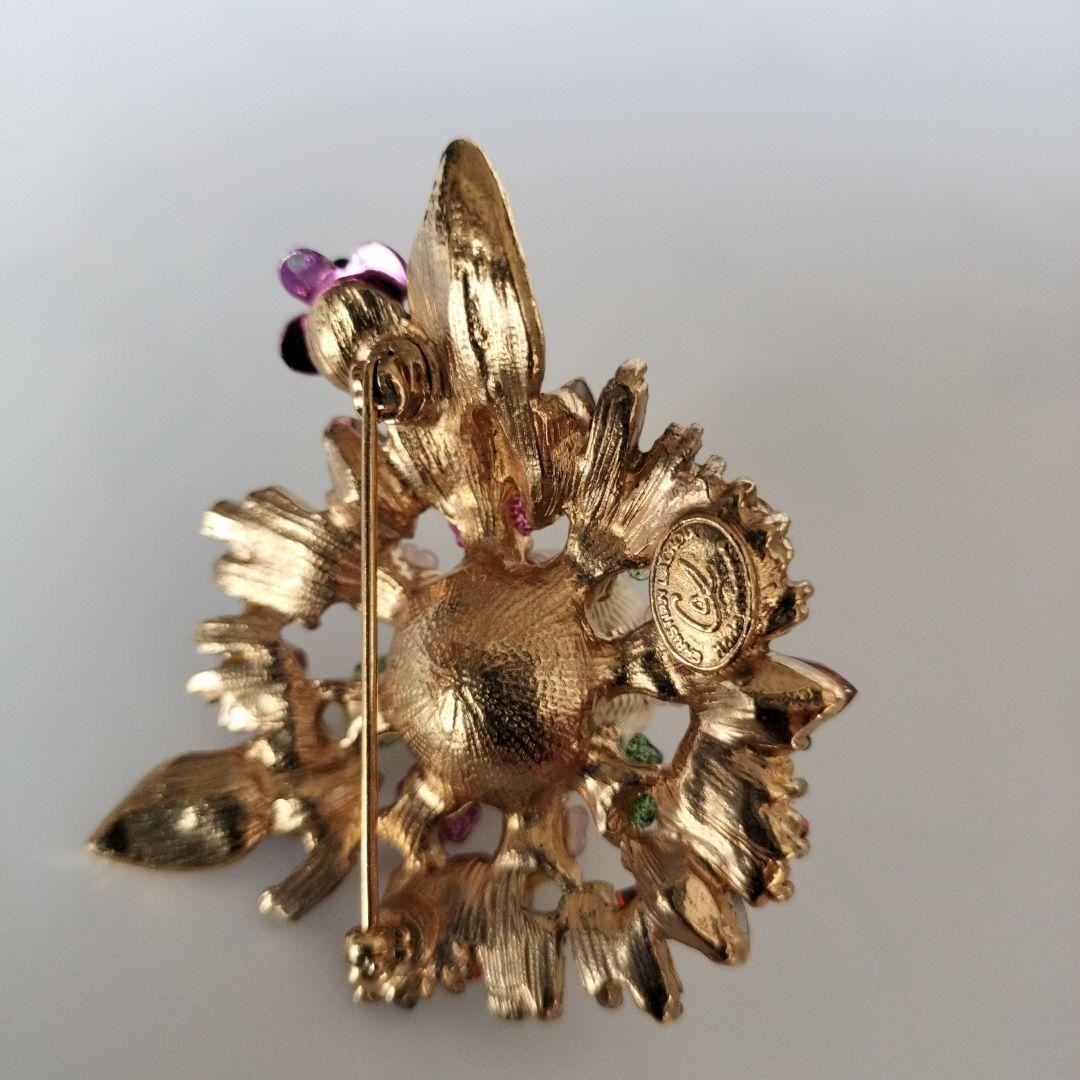 Christian Lacroix Vtg Style Floral Brooch Multicolor Beads Crystal Metal Used
