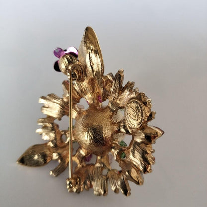 Christian Lacroix Vtg Style Floral Brooch Multicolor Beads Crystal Metal Used