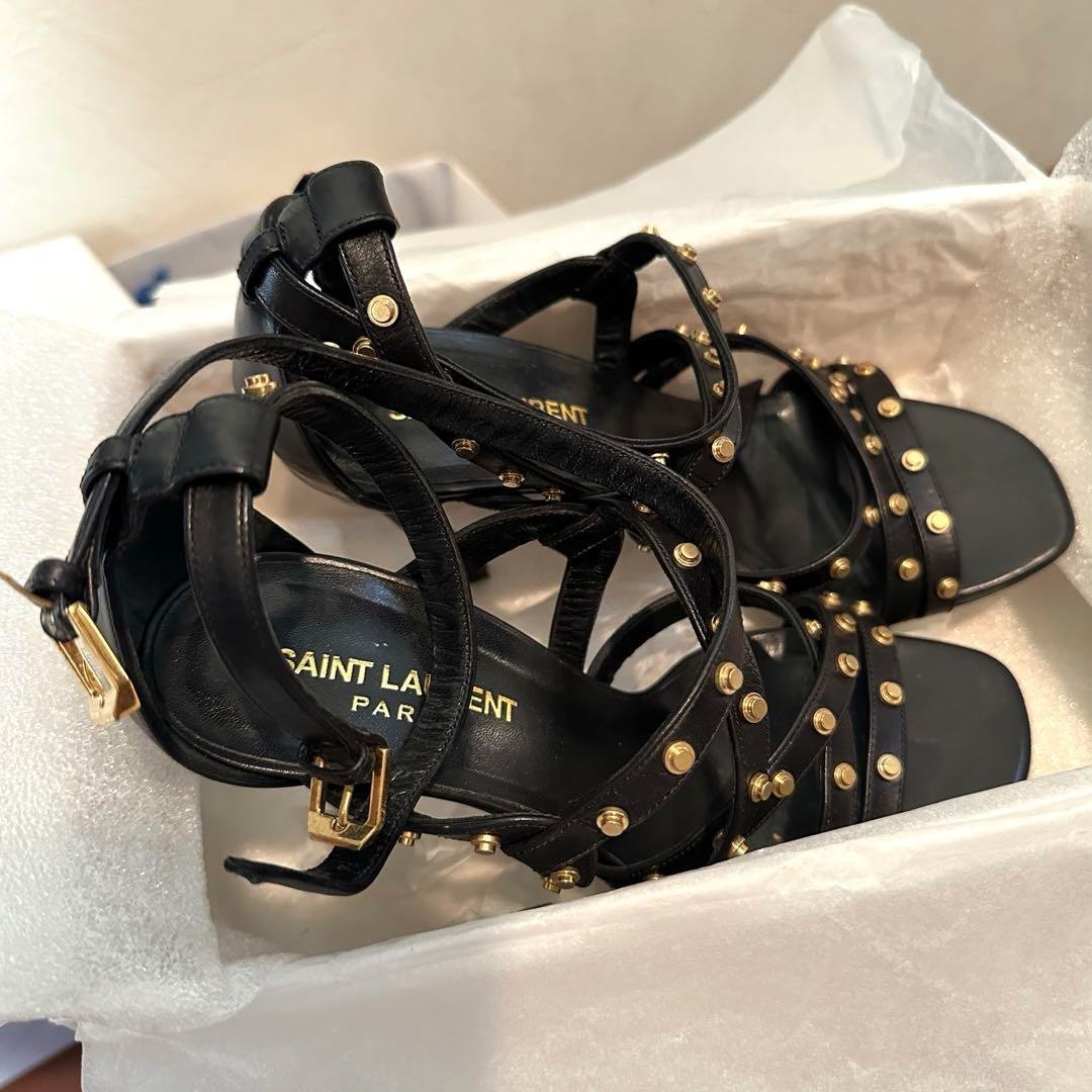 Saint Laurent Paris YSL Black Leather Studded Sandals Heels Size 36.5 US 6.5