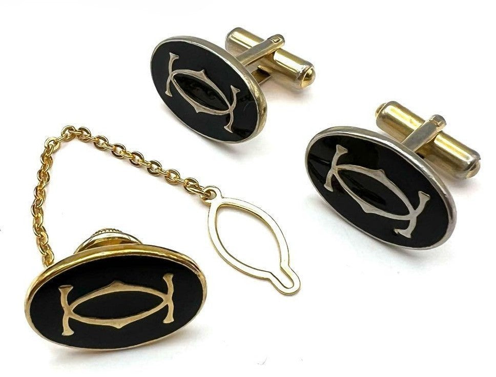 Cartier Vintage Cufflinks Tie Pin Set Gold Black Used Italy