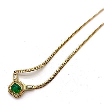 Vintage Christian Dior  Green Stone Rhinestone Gold Tone Chain Necklace 17" Used