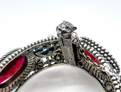 Gucci Sterling Silver 925 Interlocking GG Logo Red Gemstone Cat Head Bracelet