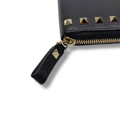 Valentino Garavani Auth Rockstud Long Zip Around Wallet Black 19x10 cm 7.5x3.9"